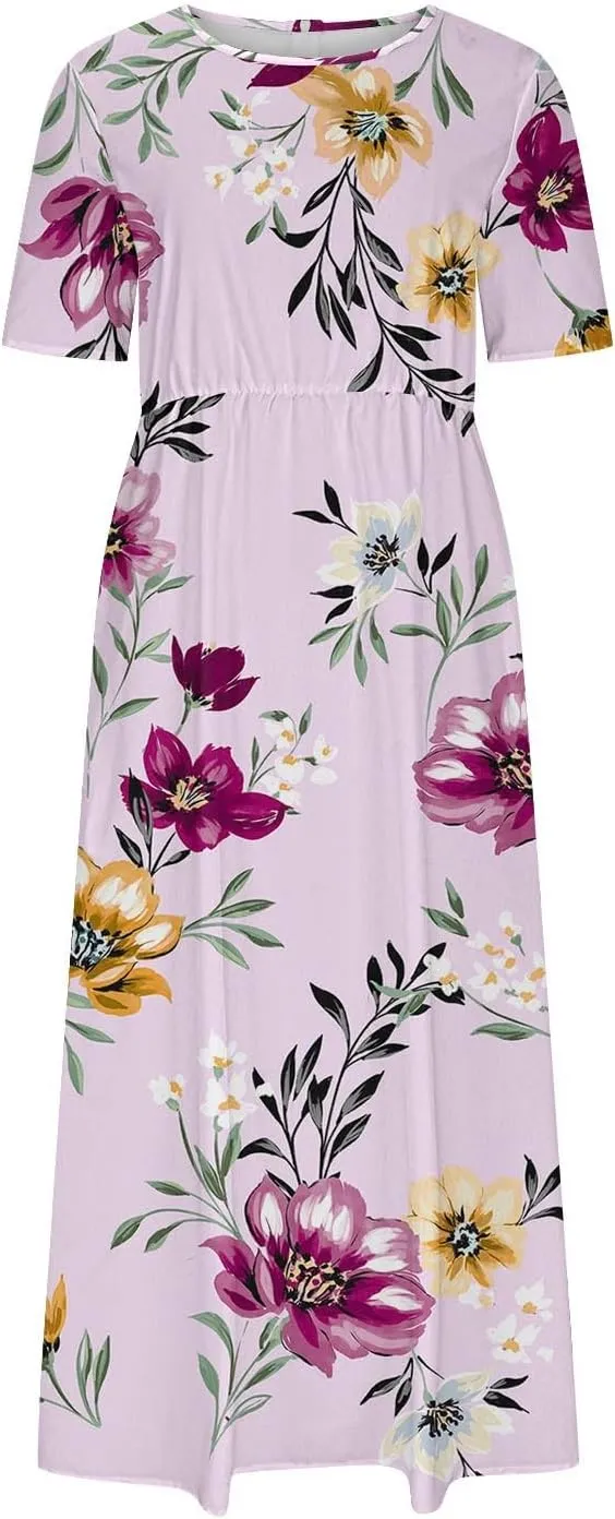 Summer Dresses for Women Short Sleeve A-Line Midi Dress Casual Floral T-Shirt Dress Flowy Beach Sundress with Pockets