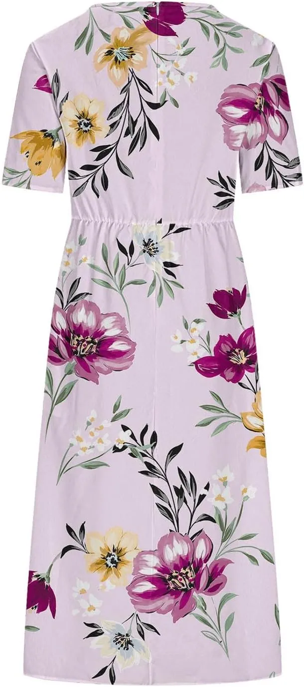Summer Dresses for Women Short Sleeve A-Line Midi Dress Casual Floral T-Shirt Dress Flowy Beach Sundress with Pockets