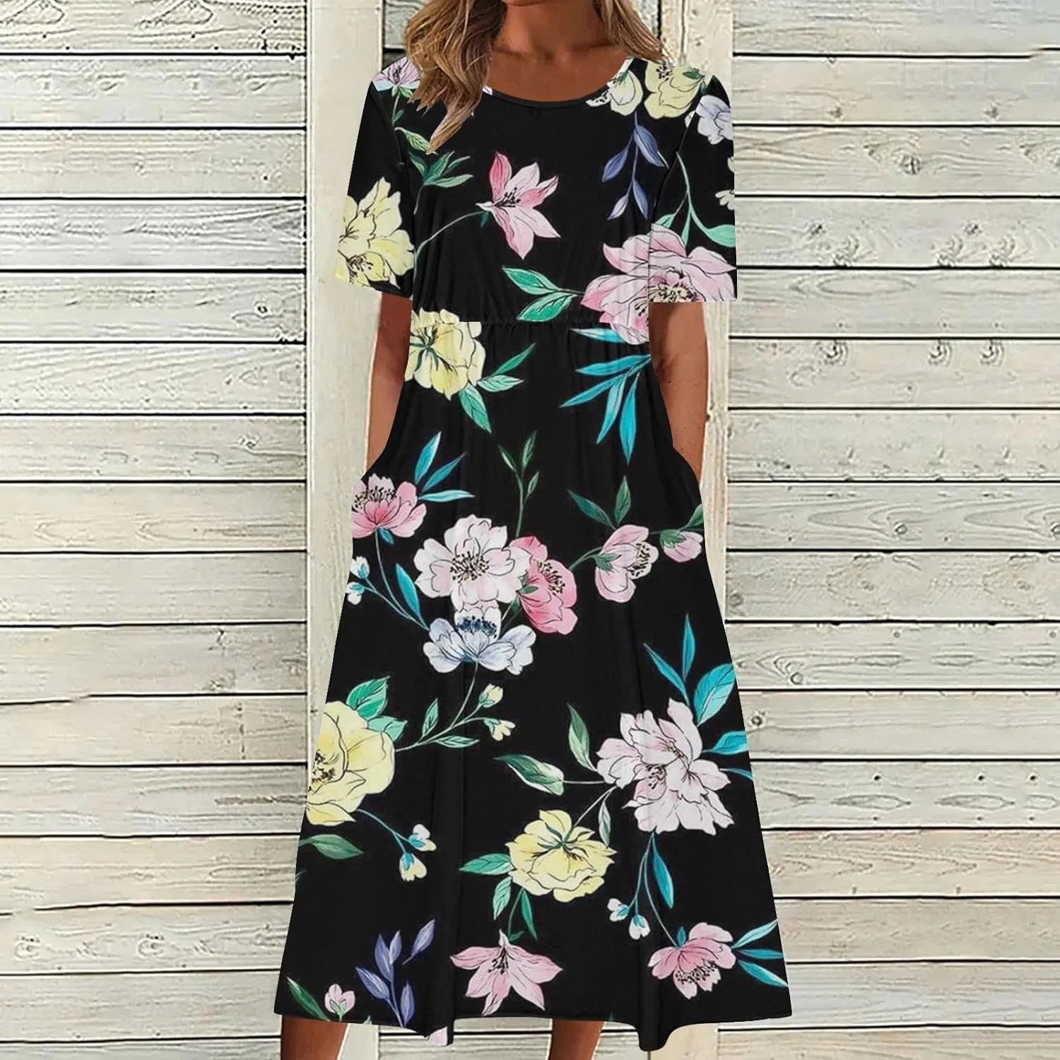 Summer Dresses for Women Short Sleeve A-Line Midi Dress Casual Floral T-Shirt Dress Flowy Beach Sundress with Pockets