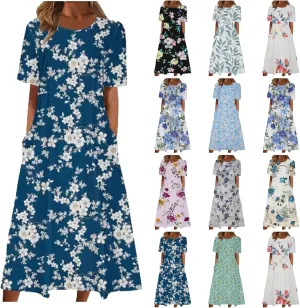 Summer Dresses for Women Short Sleeve A-Line Midi Dress Casual Floral T-Shirt Dress Flowy Beach Sundress with Pockets