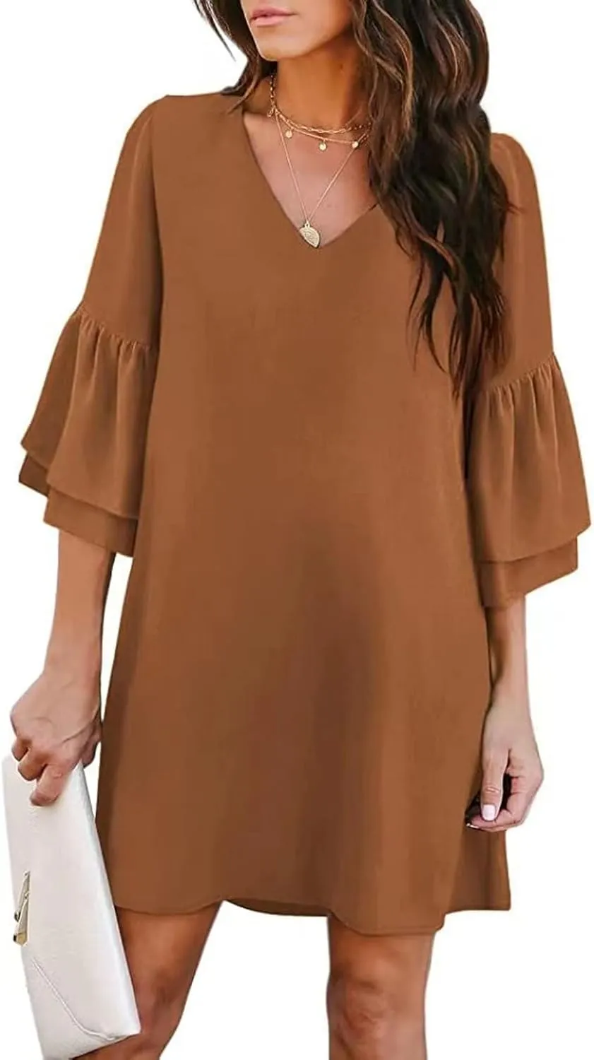 Summer Dresses for Women Sweet & Cute V-Neck Bell Sleeve Mini Shift Dress Casual Loose Flowy Sundress Comfy Work Dresses