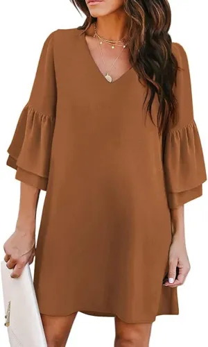 Summer Dresses for Women Sweet & Cute V-Neck Bell Sleeve Mini Shift Dress Casual Loose Flowy Sundress Comfy Work Dresses
