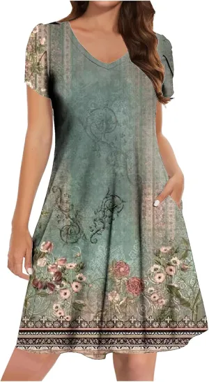 Summer Dresses for Women Vintage Floral Print V Neck Dress Boho Beach Sundress Loose Casual Midi Dress