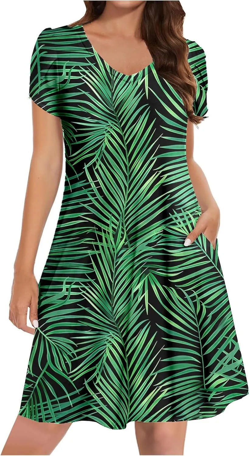 Summer Dresses for Women Vintage Floral Print V Neck Dress Boho Beach Sundress Loose Casual Midi Dress