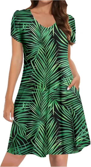 Summer Dresses for Women Vintage Floral Print V Neck Dress Boho Beach Sundress Loose Casual Midi Dress