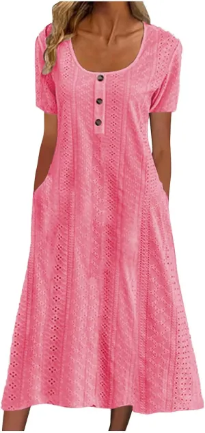 Summer Eyelet Long Dresses for Women Plus Size Crewneck Embroidery Maxi Dress Spring Beach Vacation Outfits 2025