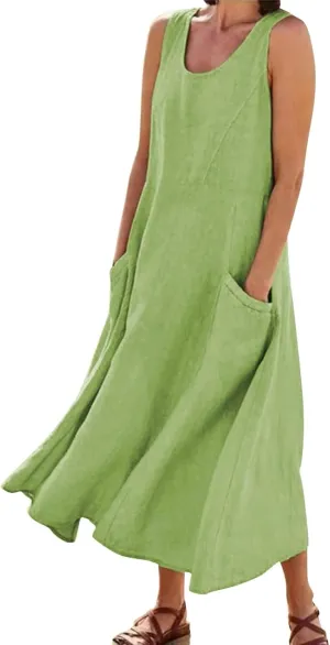 Summer Linen Dresses for Women 2025 Trendy Mini Sleeveless V Neck Outfit Beach Travel Vacation Dress Casual Fit Maxi