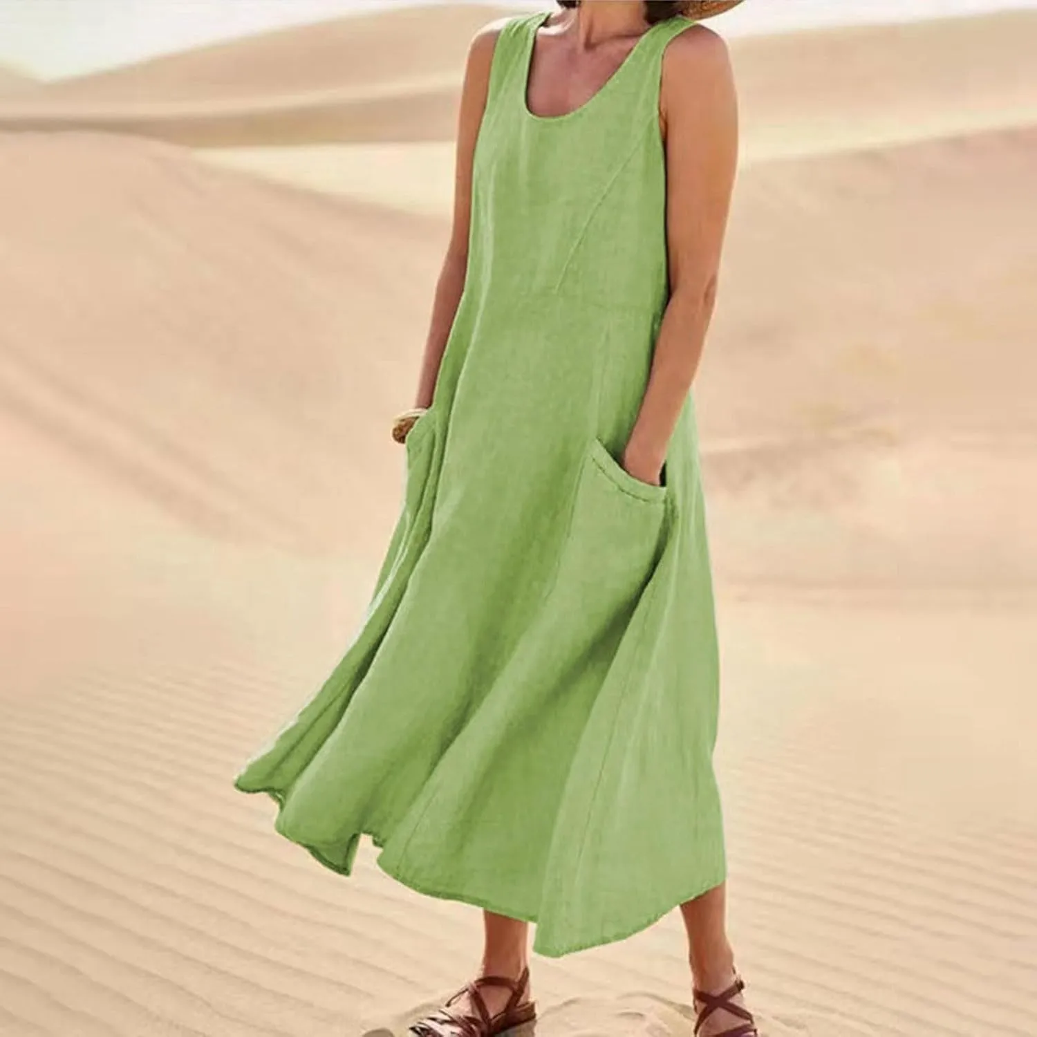Summer Linen Dresses for Women 2025 Trendy Mini Sleeveless V Neck Outfit Beach Travel Vacation Dress Casual Fit Maxi