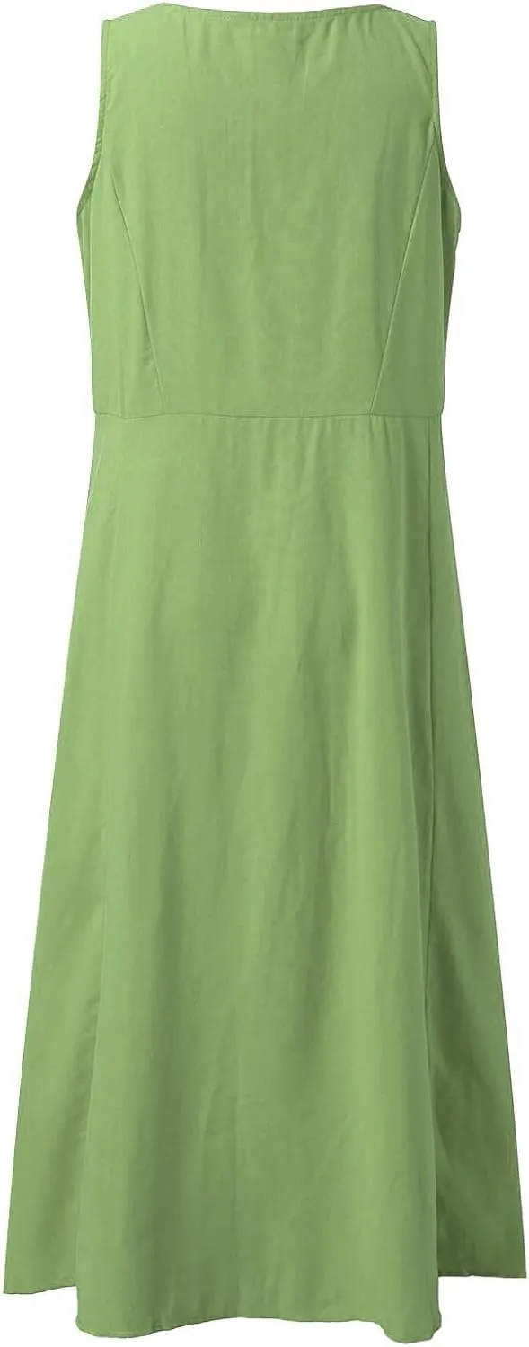 Summer Linen Dresses for Women 2025 Trendy Mini Sleeveless V Neck Outfit Beach Travel Vacation Dress Casual Fit Maxi