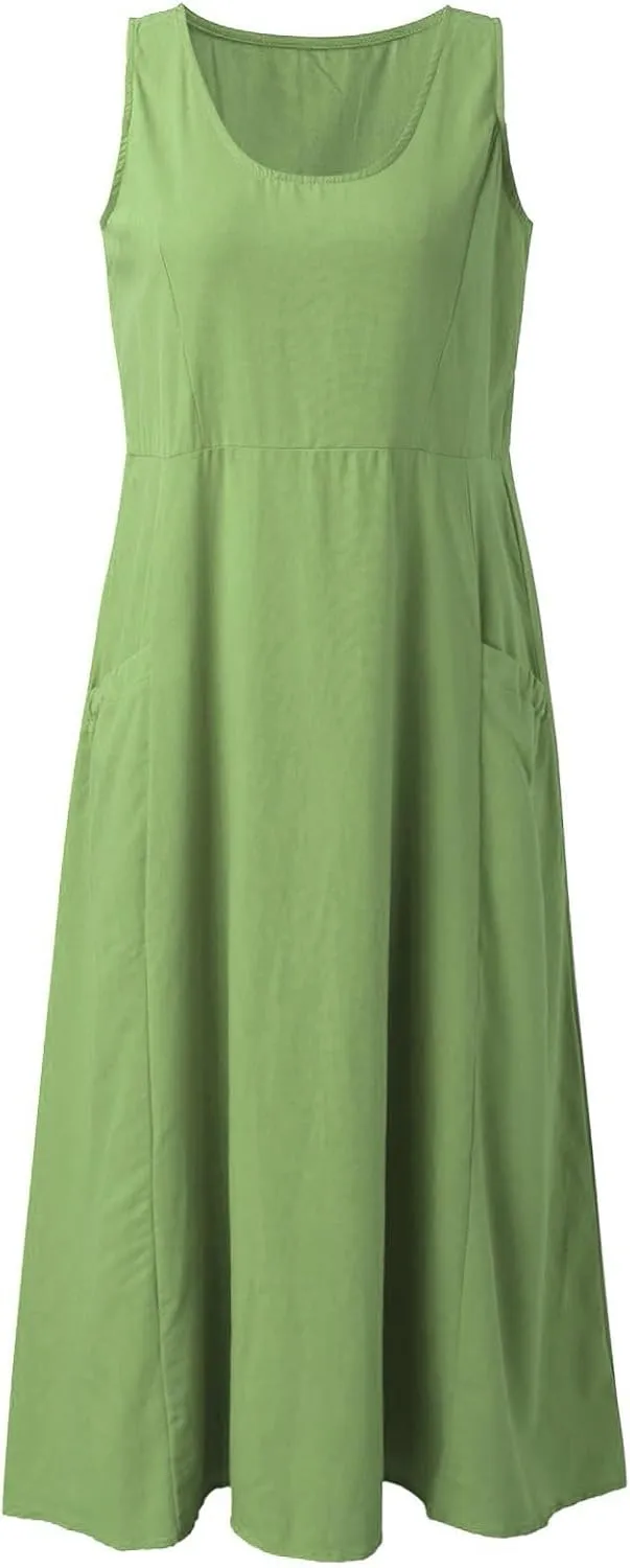 Summer Linen Dresses for Women 2025 Trendy Mini Sleeveless V Neck Outfit Beach Travel Vacation Dress Casual Fit Maxi