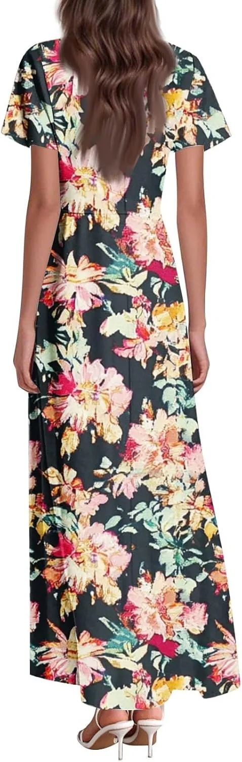 Summer Long Dress for Women Casual Puff Short Sleeve V Neck Plus Size Flowy Ankle Length Maxi Dress