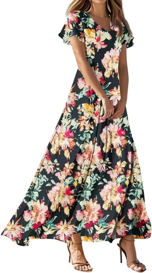 Summer Long Dress for Women Casual Puff Short Sleeve V Neck Plus Size Flowy Ankle Length Maxi Dress