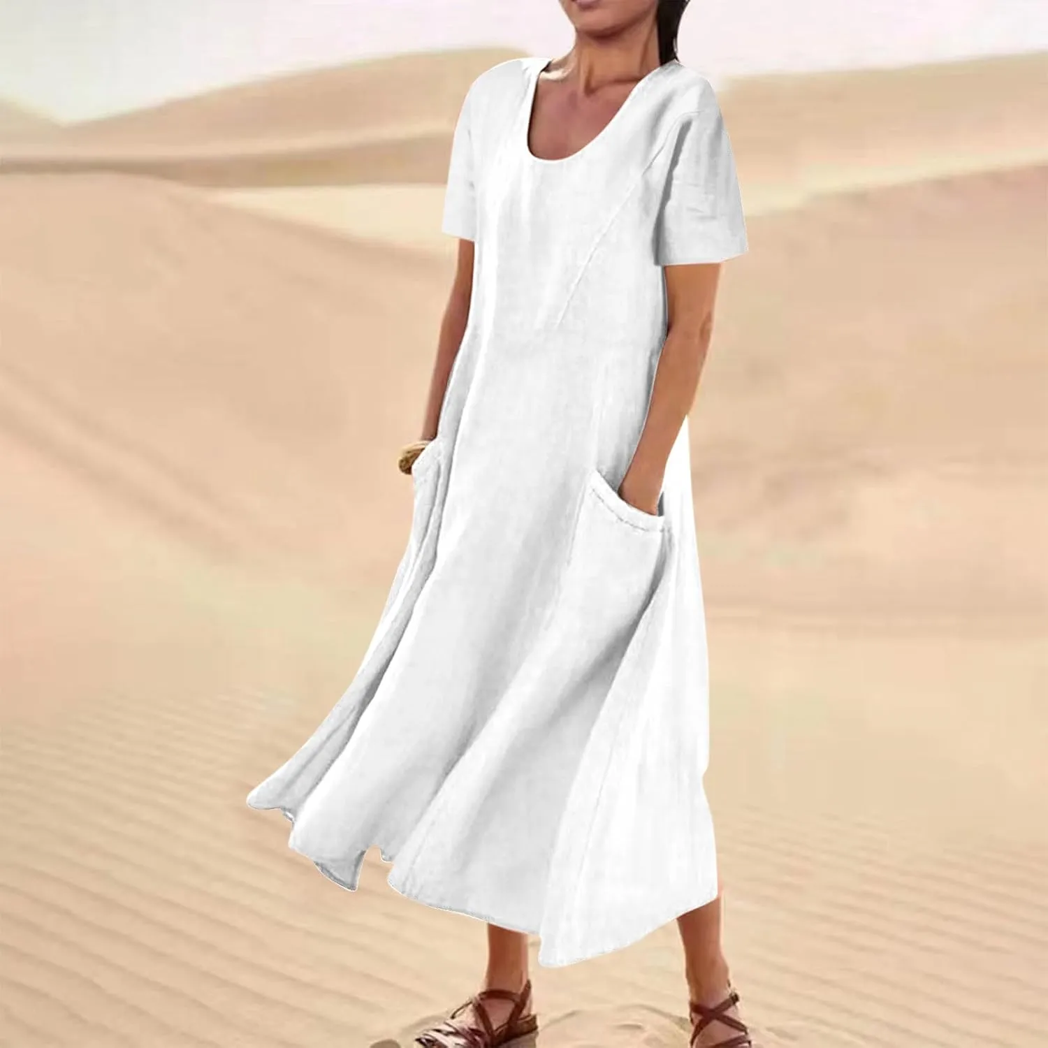 Summer Maxi Dress for Women Crew Neck Short Sleeve Sundress Beach Vacation Tropical Resort Ruffle Dress with Pockets