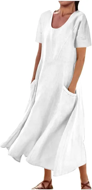 Summer Maxi Dress for Women Crew Neck Short Sleeve Sundress Beach Vacation Tropical Resort Ruffle Dress with Pockets