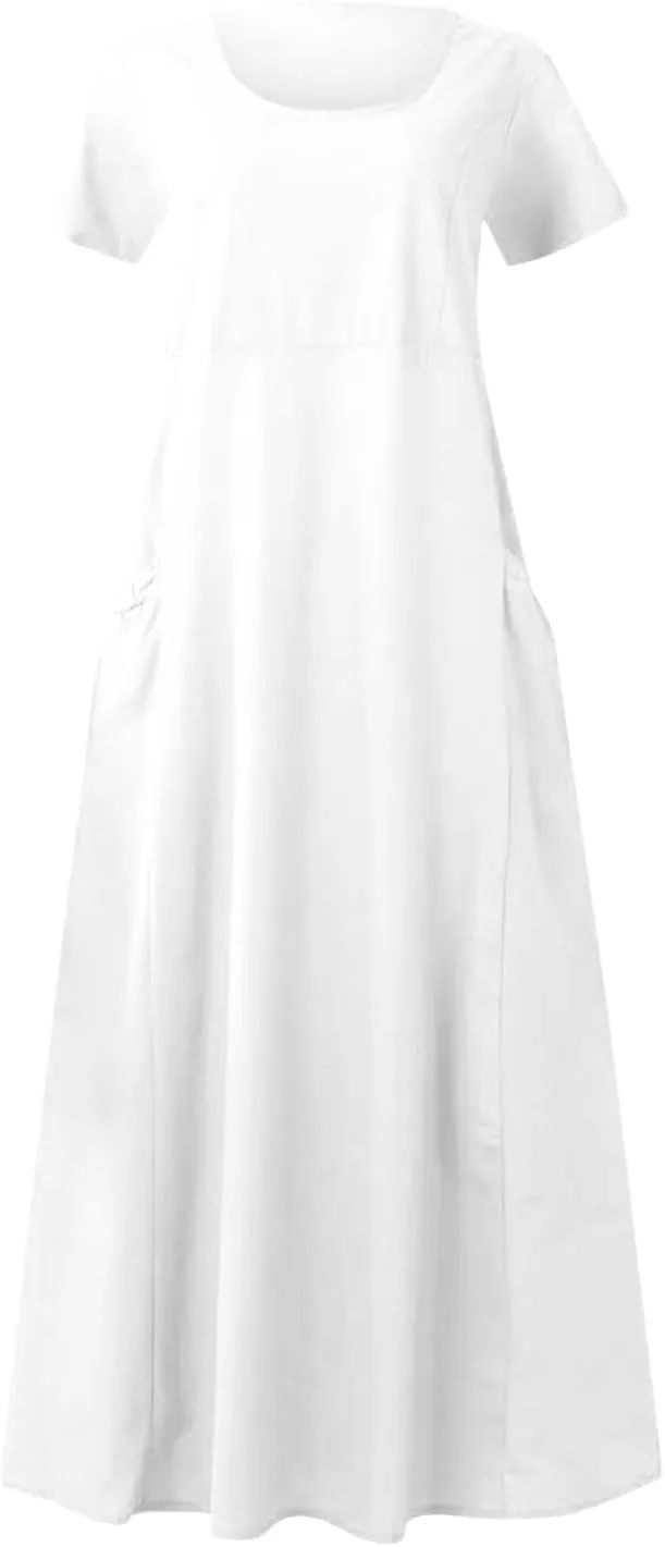 Summer Maxi Dress for Women Crew Neck Short Sleeve Sundress Beach Vacation Tropical Resort Ruffle Dress with Pockets