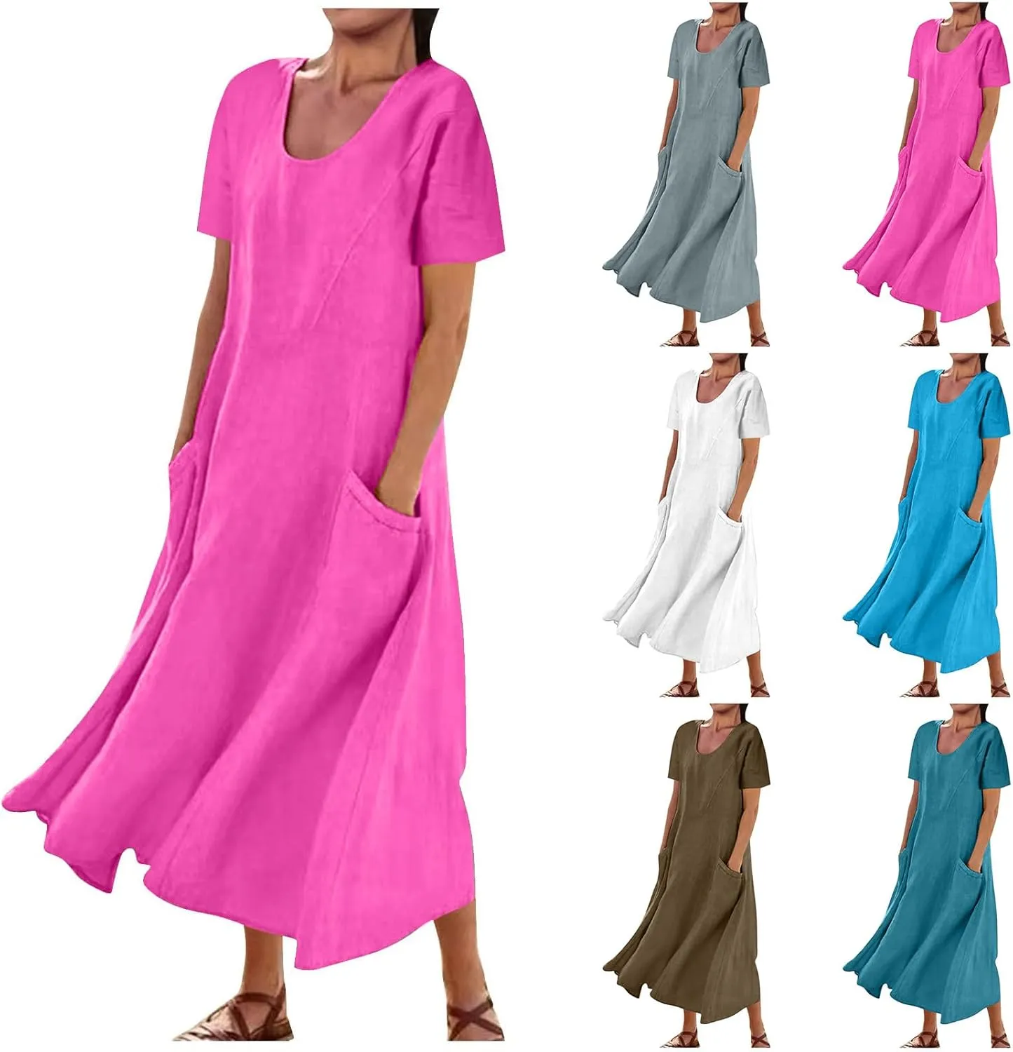 Summer Maxi Dress for Women Crew Neck Short Sleeve Sundress Beach Vacation Tropical Resort Ruffle Dress with Pockets