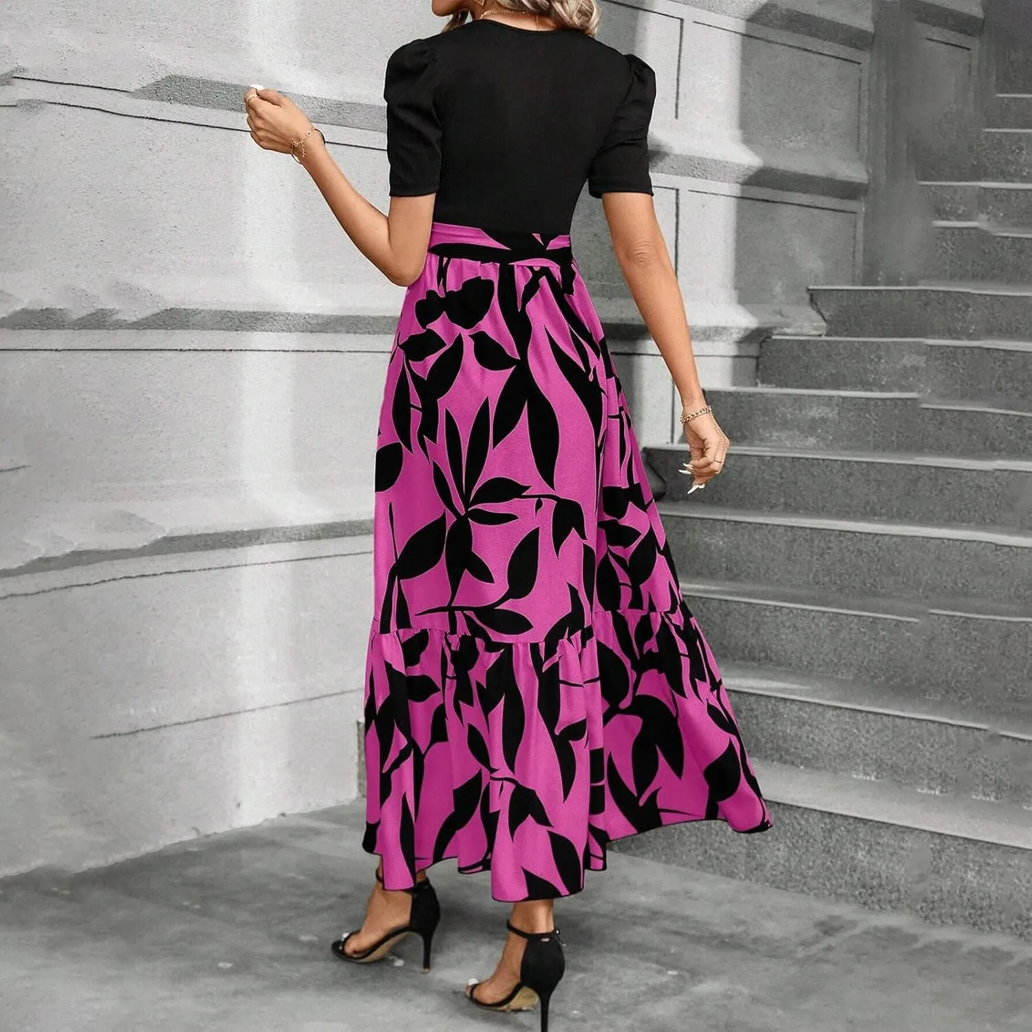 Summer Maxi Dresses for Women 2025 Wedding Guest Puff Sleeve Tie Waist Belted Patchwork A Line Swing Dress