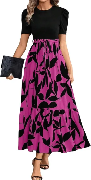 Summer Maxi Dresses for Women 2025 Wedding Guest Puff Sleeve Tie Waist Belted Patchwork A Line Swing Dress