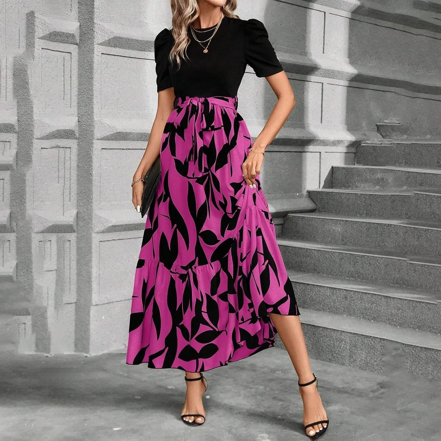 Summer Maxi Dresses for Women 2025 Wedding Guest Puff Sleeve Tie Waist Belted Patchwork A Line Swing Dress