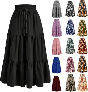 Summer Skirts for Women 2025 Vacation Boho Floral Tiered Maxi Skirt Drawstring High Waisted Flowy Ruffle A Line Skirt