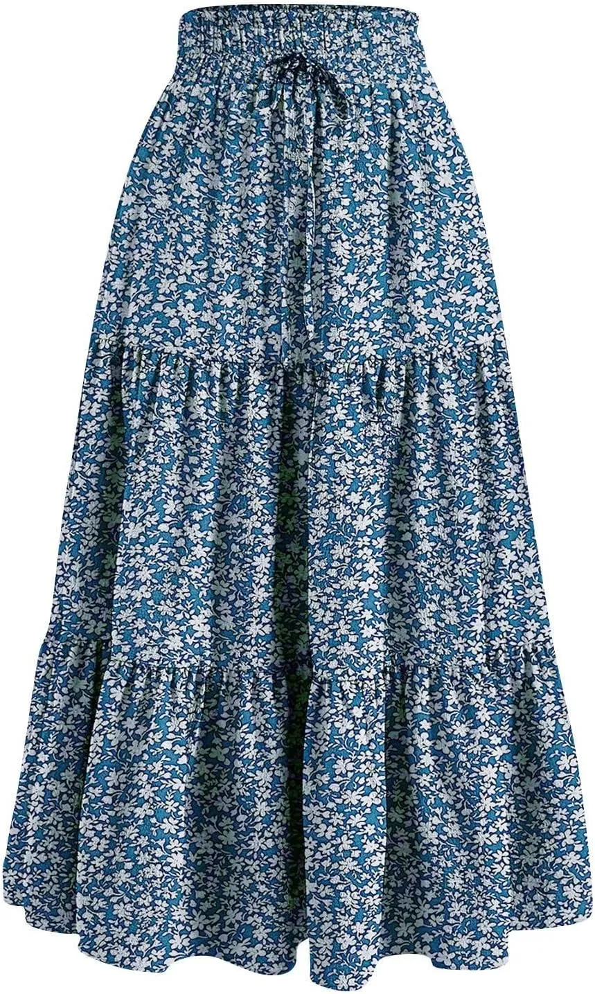 Summer Skirts for Women 2025 Vacation Boho Floral Tiered Maxi Skirt Drawstring High Waisted Flowy Ruffle A Line Skirt