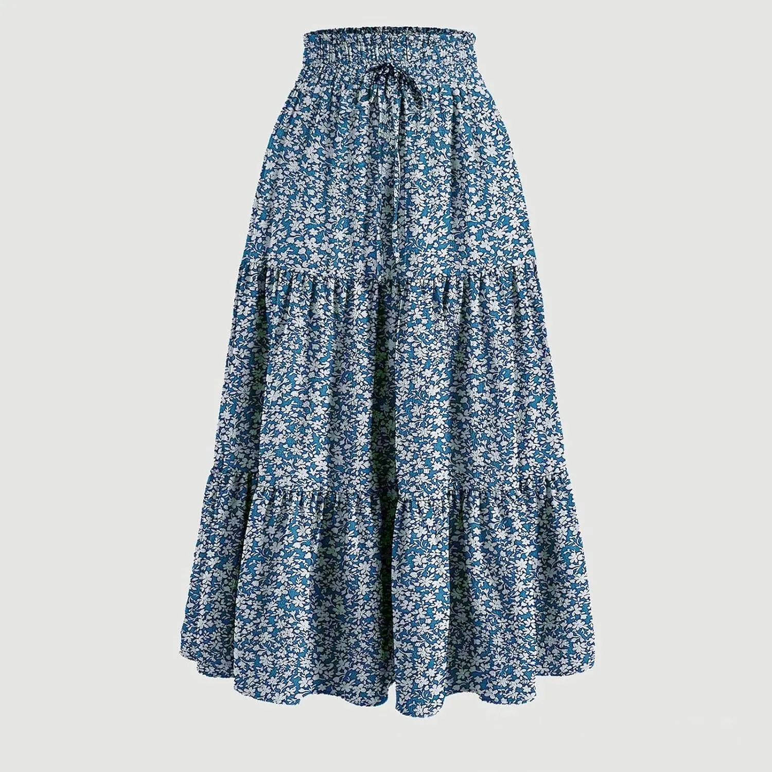 Summer Skirts for Women 2025 Vacation Boho Floral Tiered Maxi Skirt Drawstring High Waisted Flowy Ruffle A Line Skirt