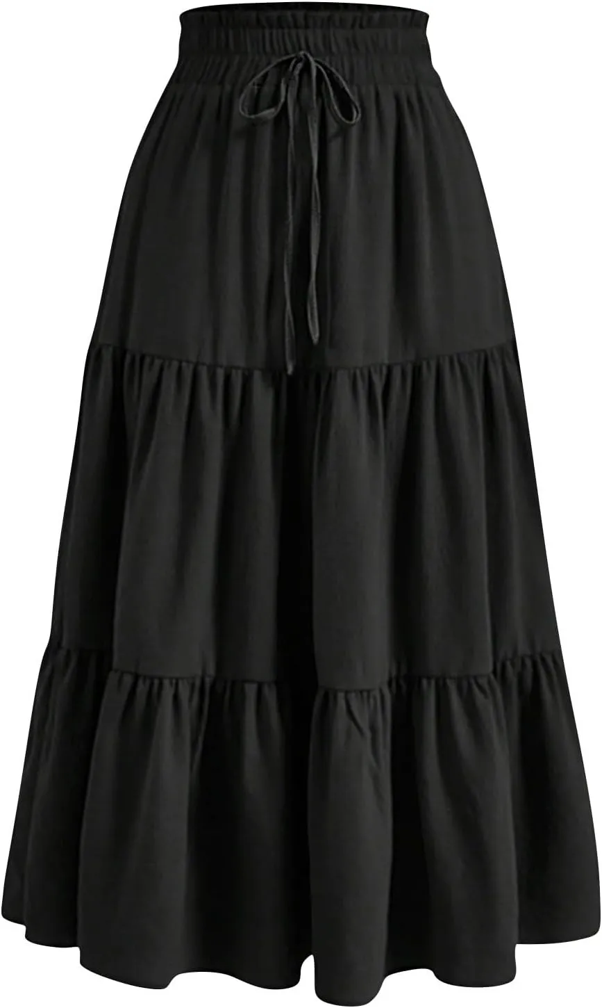 Summer Skirts for Women 2025 Vacation Boho Floral Tiered Maxi Skirt Drawstring High Waisted Flowy Ruffle A Line Skirt