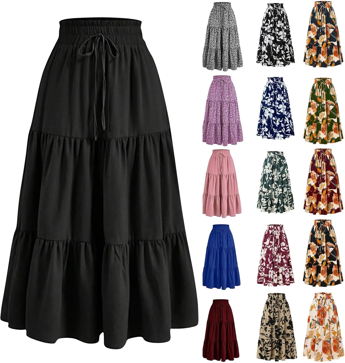 Summer Skirts for Women 2025 Vacation Boho Floral Tiered Maxi Skirt Drawstring High Waisted Flowy Ruffle A Line Skirt
