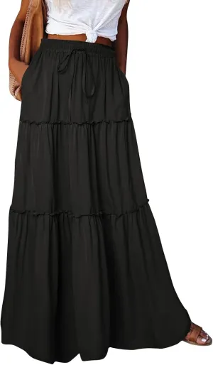 Summer Skirts for Women 2025 Vacation Pleated Long Skirt Maxi Length Tiered Swing Flowy Boho Beach Outfits w/Pockets