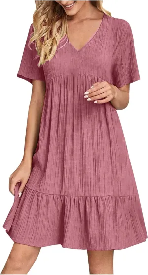 Summer Vacation Dresses for Women 2025 Short Sleeve Beach Dress V Neck Boho Dresses Ruffle A-Line Mini Dress