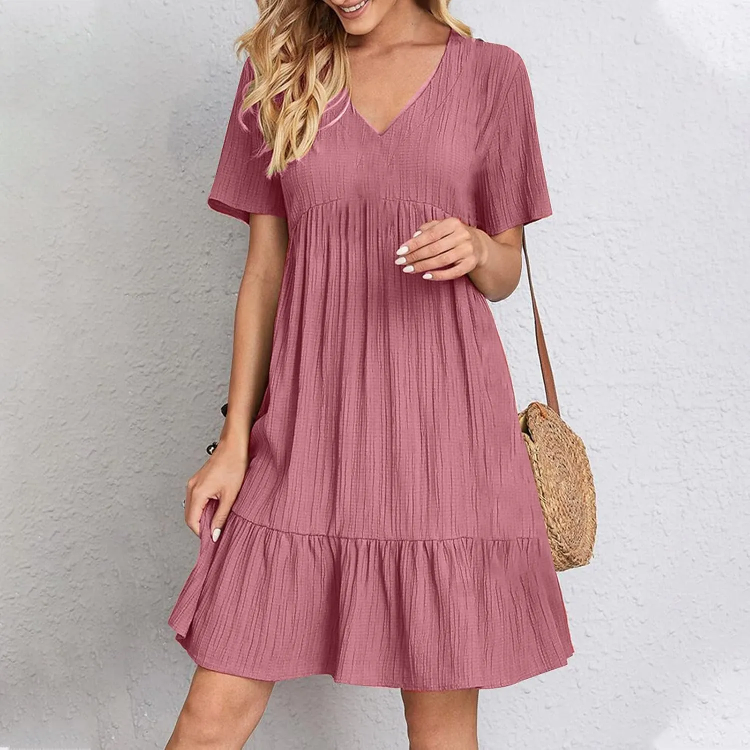 Summer Vacation Dresses for Women 2025 Short Sleeve Beach Dress V Neck Boho Dresses Ruffle A-Line Mini Dress