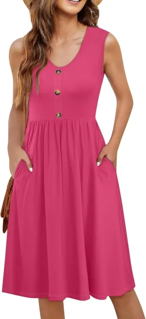 Sun Dresses for Women 2025 Summer Casual Sleeveless Button Beach Dresses Trendy Solid Color V Neck Dress with Pocket