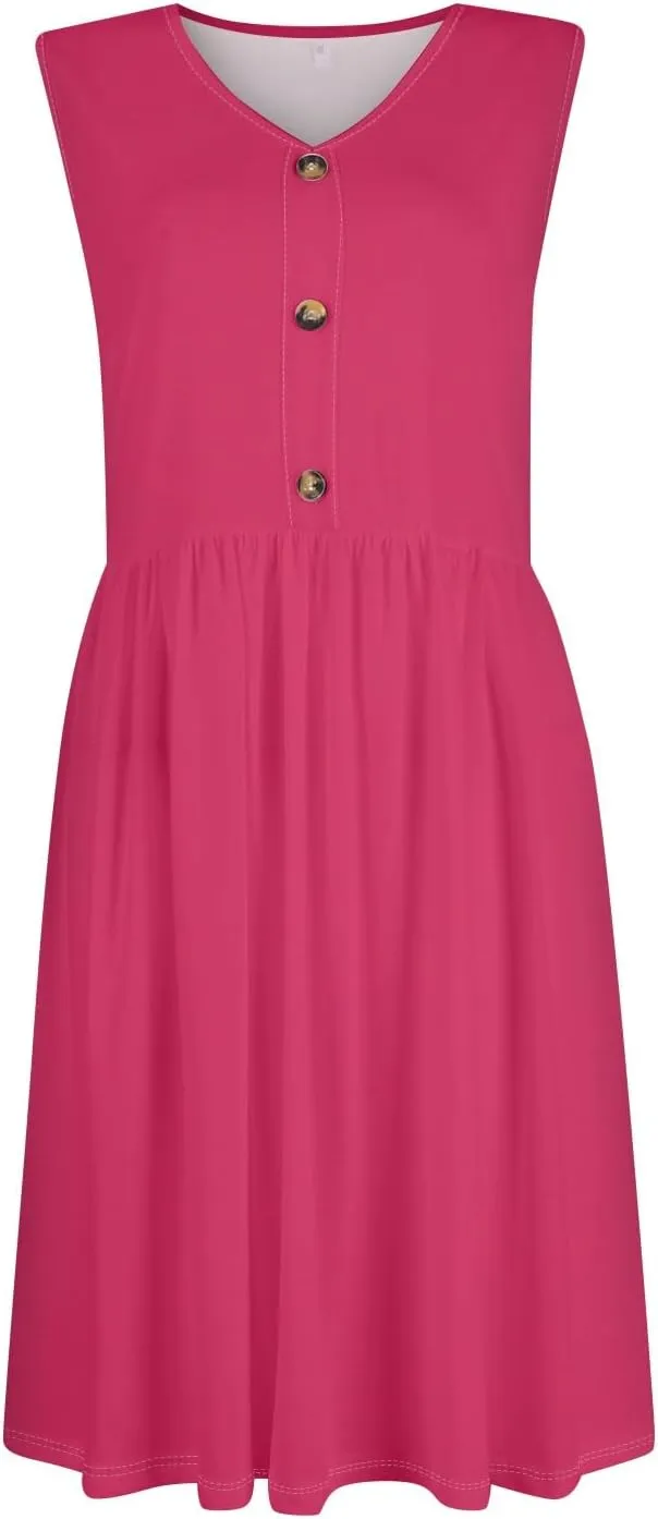 Sun Dresses for Women 2025 Summer Casual Sleeveless Button Beach Dresses Trendy Solid Color V Neck Dress with Pocket