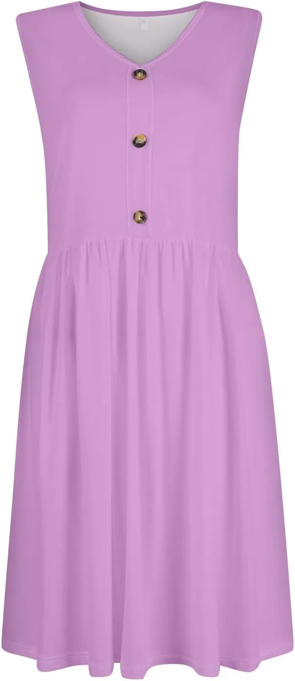 Sun Dresses for Women 2025 Summer Casual Sleeveless Button Beach Dresses Trendy Solid Color V Neck Dress with Pocket