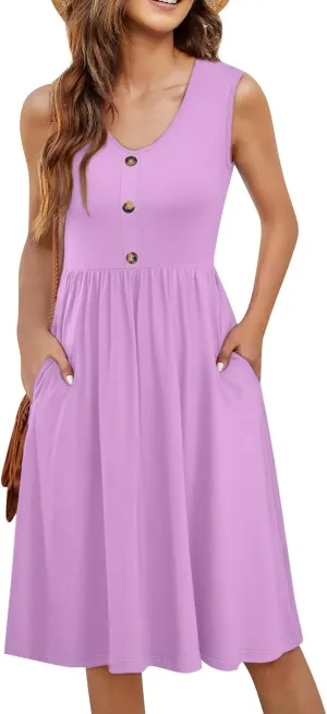 Sun Dresses for Women 2025 Summer Casual Sleeveless Button Beach Dresses Trendy Solid Color V Neck Dress with Pocket