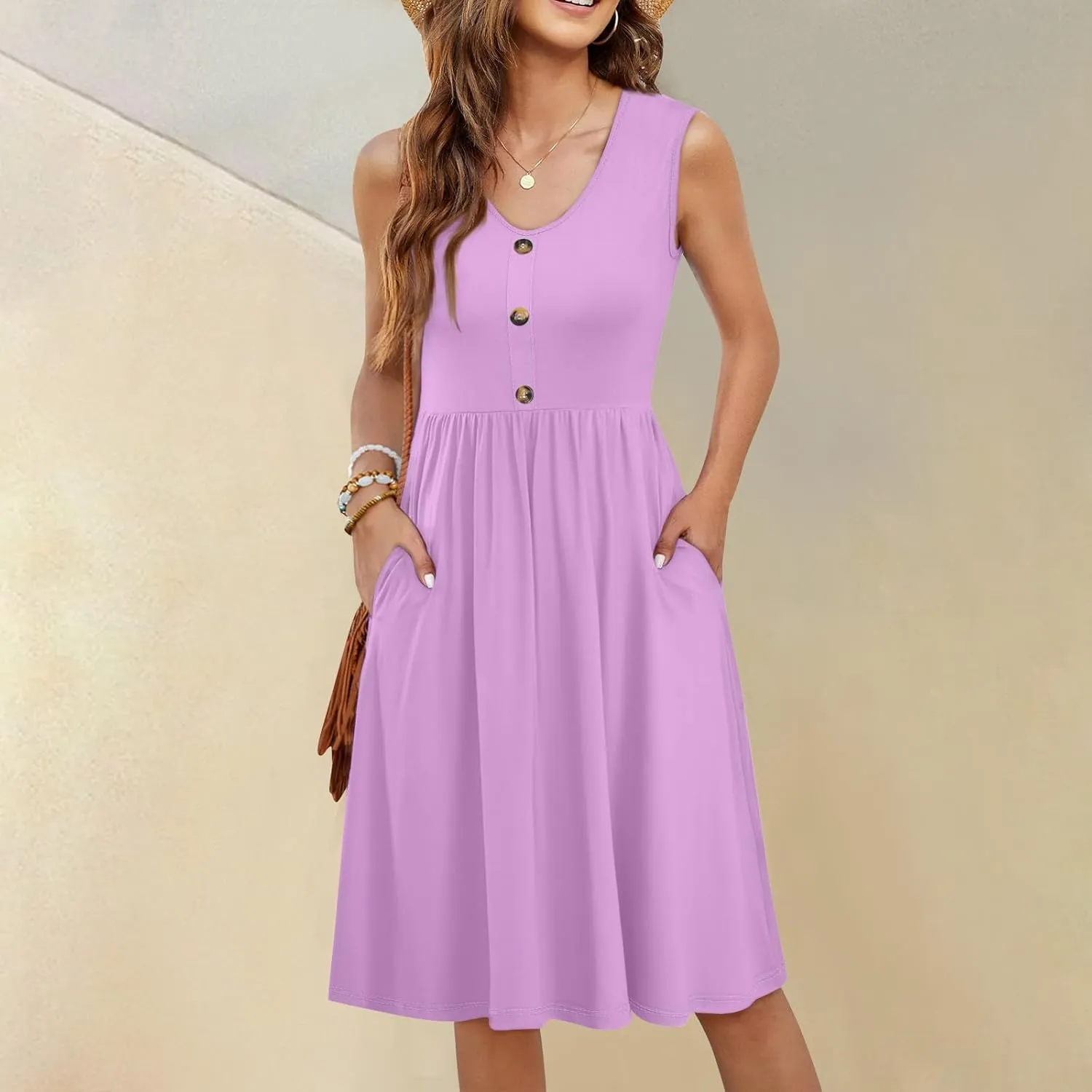 Sun Dresses for Women 2025 Summer Casual Sleeveless Button Beach Dresses Trendy Solid Color V Neck Dress with Pocket
