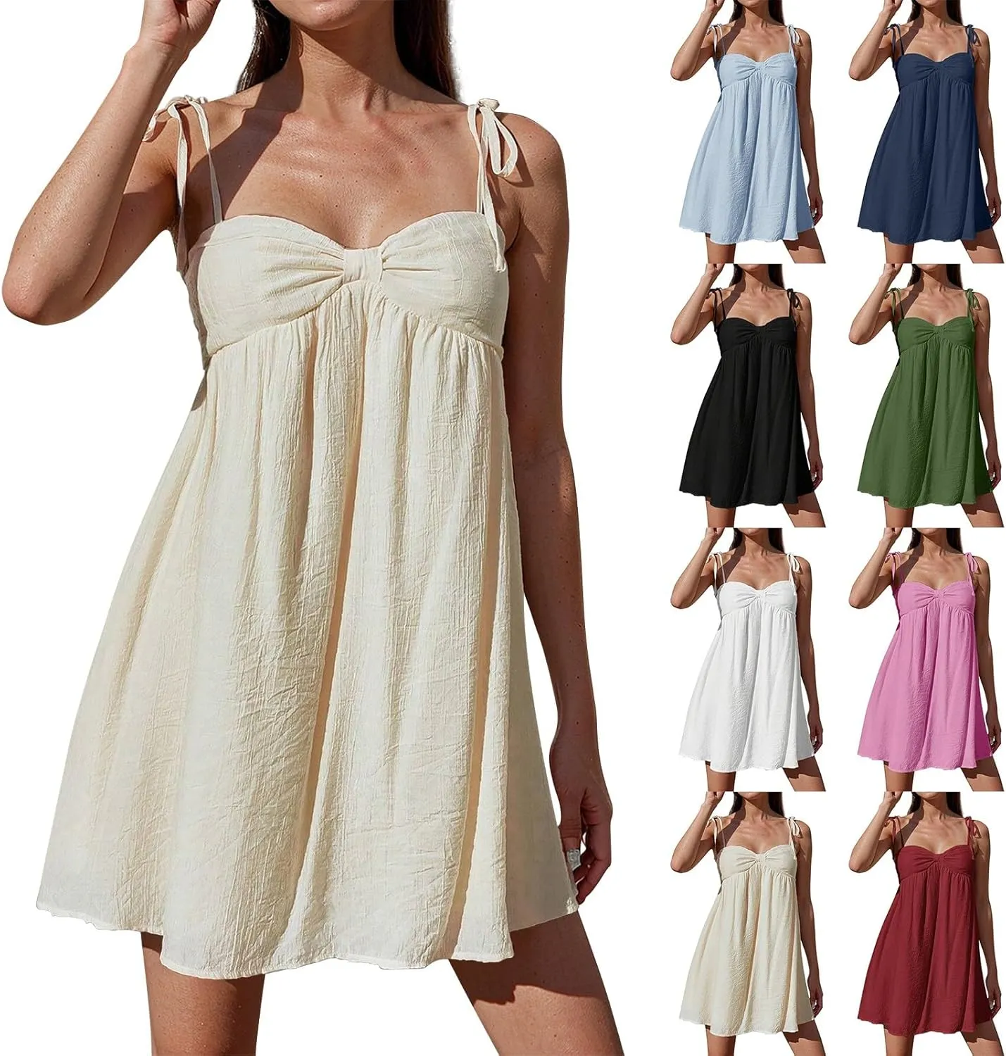 Sun Dresses for Women 2025 Vacation Loose Spaghetti Strap Mini Babydoll Dress Casual Summer A Line Beach Sundress