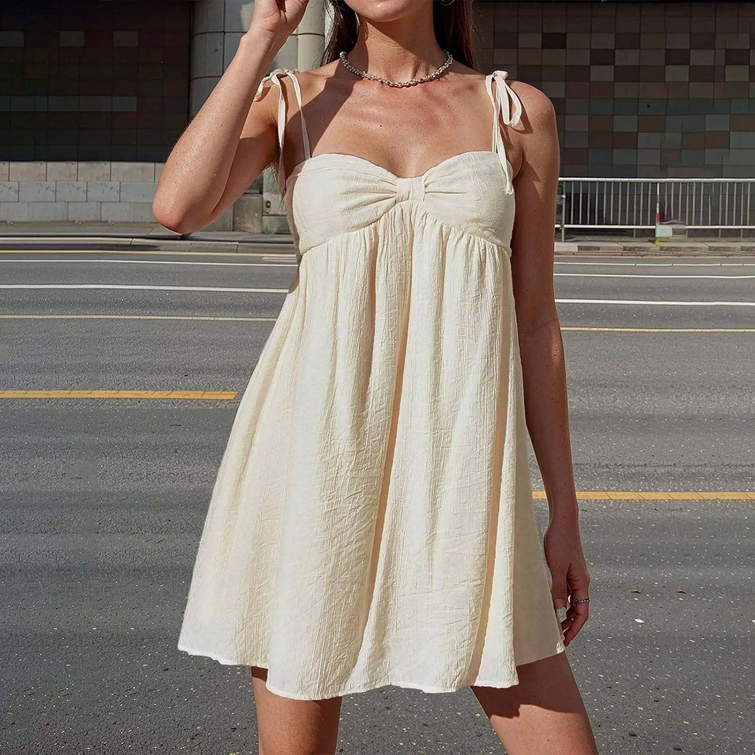 Sun Dresses for Women 2025 Vacation Loose Spaghetti Strap Mini Babydoll Dress Casual Summer A Line Beach Sundress