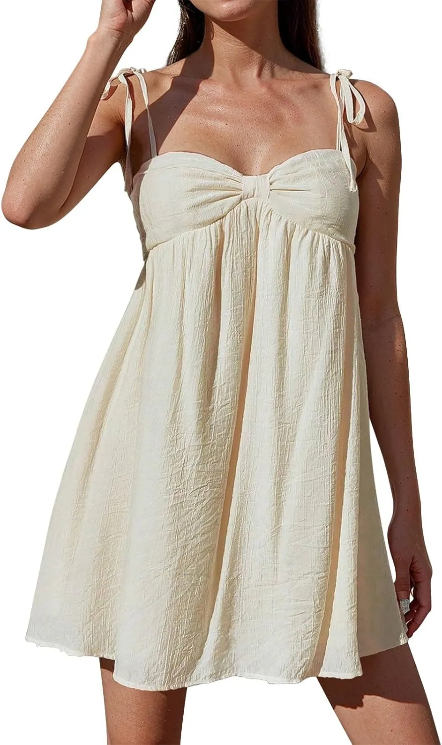 Sun Dresses for Women 2025 Vacation Loose Spaghetti Strap Mini Babydoll Dress Casual Summer A Line Beach Sundress