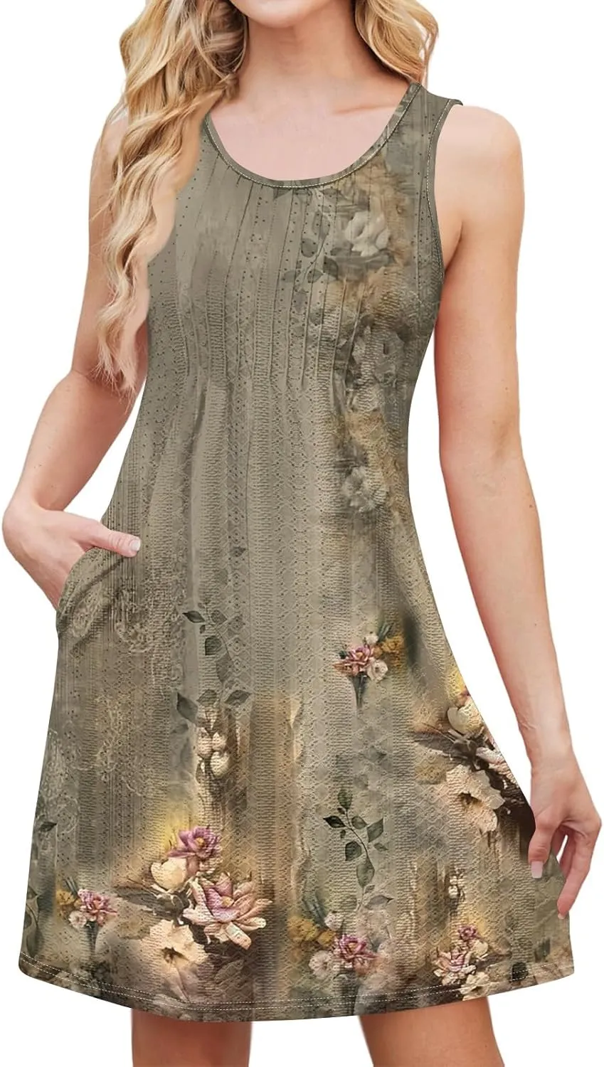 Sundress for Women 2025 Summer Casual Sleeveless Swing T Shirt Dresses Beach Cover up Tank Dress with Pockets