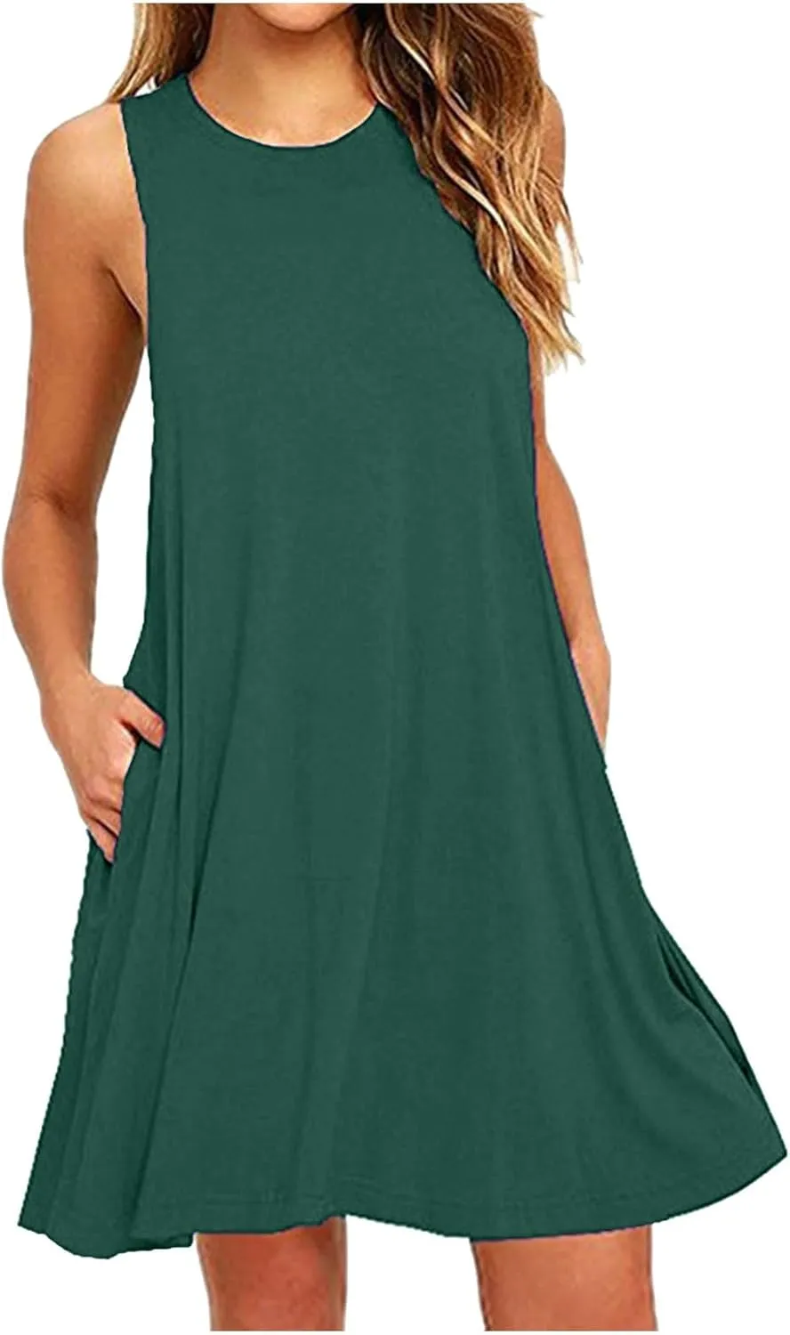 Sundresses for Women 2025 Trendy Casual Beach Vacation Cute A-Line Mini Dress Crewneck Solid Short Dress with Pocket