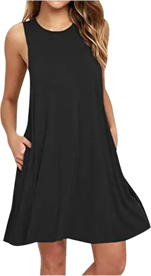Sundresses for Women 2025 Trendy Casual Beach Vacation Cute A-Line Mini Dress Crewneck Solid Short Dress with Pocket