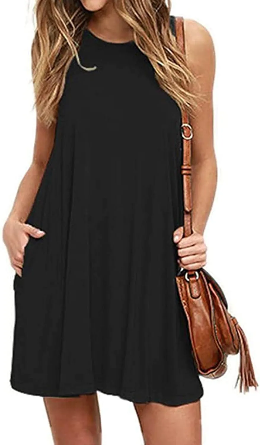 Sundresses for Women 2025 Trendy Casual Beach Vacation Cute A-Line Mini Dress Crewneck Solid Short Dress with Pocket