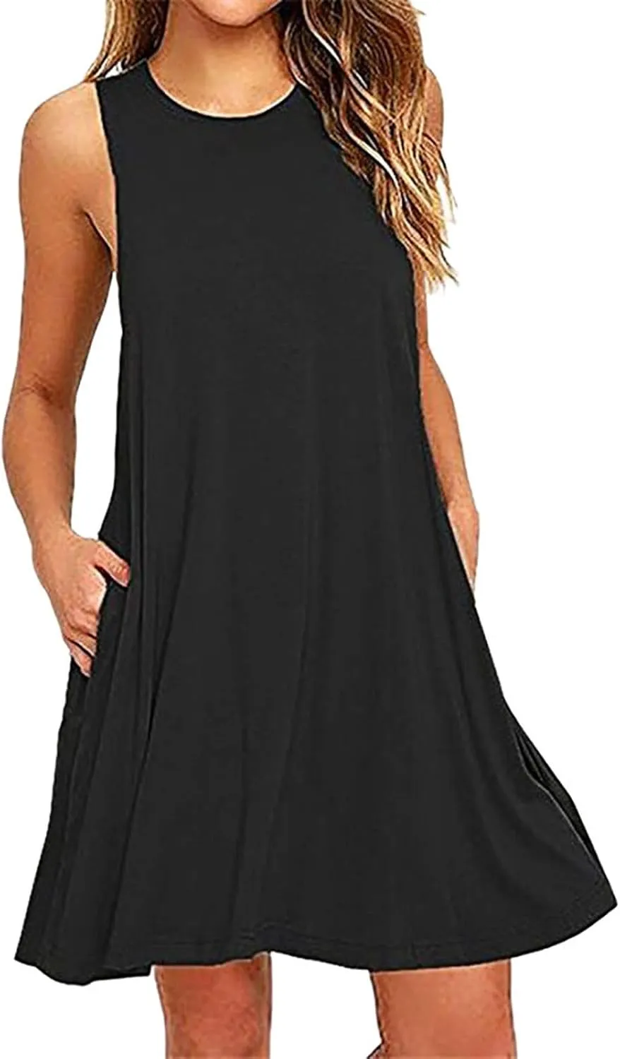 Sundresses for Women 2025 Trendy Casual Beach Vacation Cute A-Line Mini Dress Crewneck Solid Short Dress with Pocket