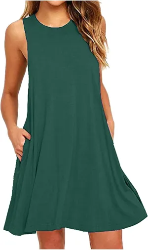 Sundresses for Women 2025 Trendy Casual Beach Vacation Cute A-Line Mini Dress Crewneck Solid Short Dress with Pocket