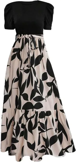Sundresses for Women 2025 Vacation Short Sleeve Crew Neck Floral Midi Dress Womens Ruffle Maxi Dress with Belt