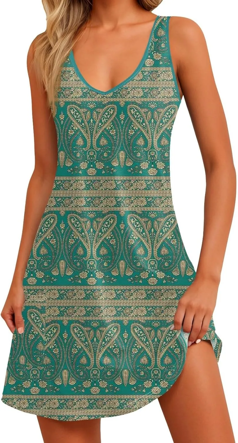 Sundresses for Women Beach Casual Boho V Neck Sleeveless Floral Print Tank Loose Dress