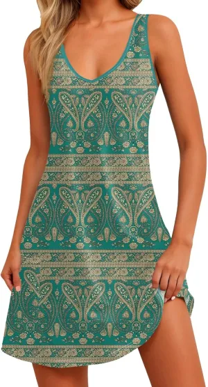 Sundresses for Women Beach Casual Boho V Neck Sleeveless Floral Print Tank Loose Dress