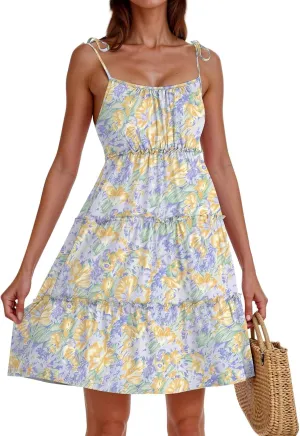 Sundresses for Women Vacation Spaghetti Strap Backless Floral Mini Dress Flowy Summer Tiered Ruffle Skater Dress