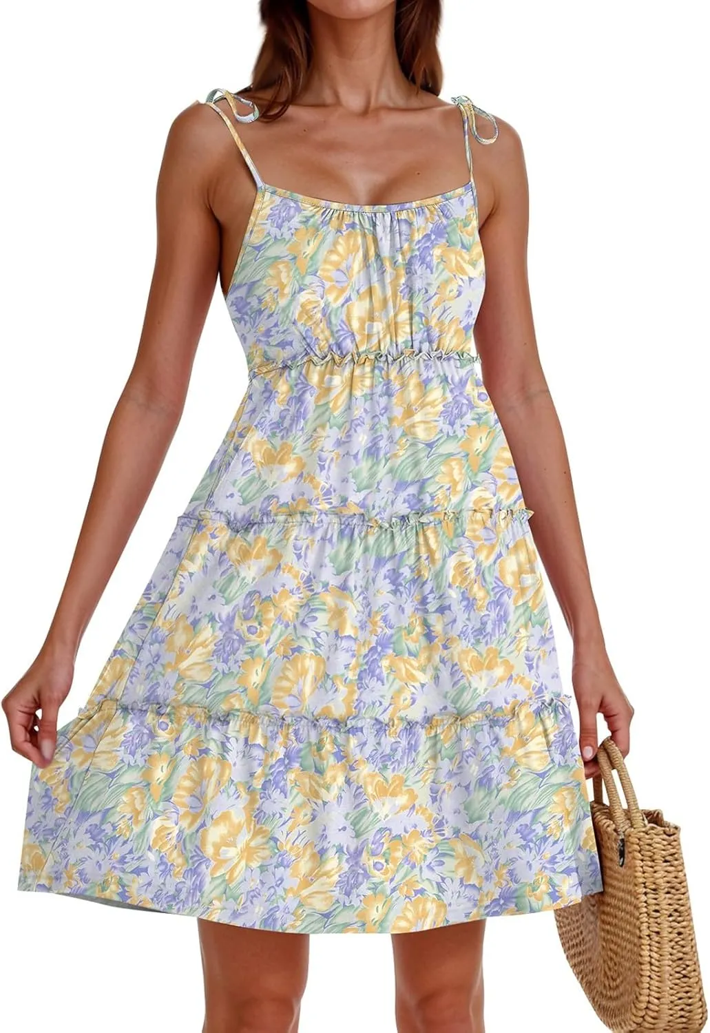 Sundresses for Women Vacation Spaghetti Strap Backless Floral Mini Dress Flowy Summer Tiered Ruffle Skater Dress
